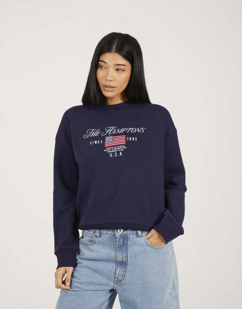 Brave Soul Crew neck embroidered sweatshirt in navy