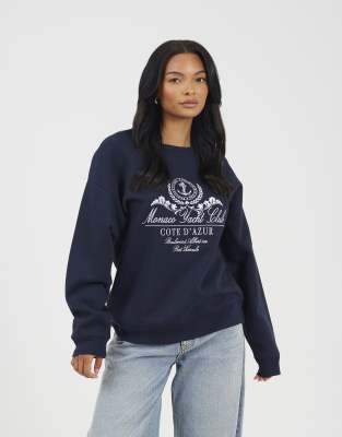 Brave Soul Crew neck embroidered sweatshirt in navy