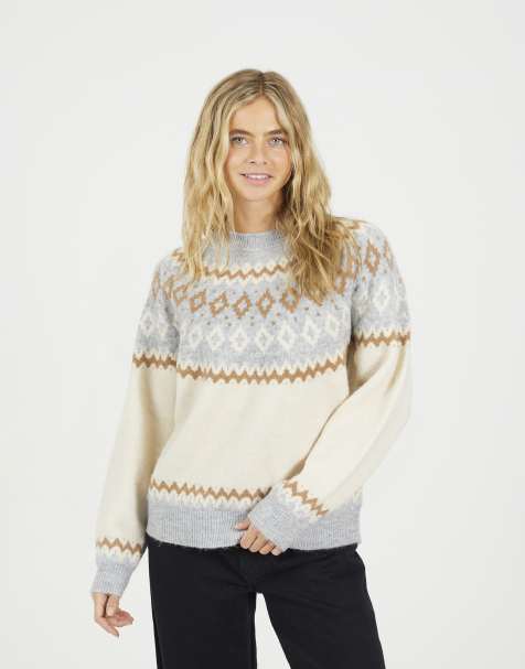 Brave Soul Crew neck fairisle jumper in cream - view 1