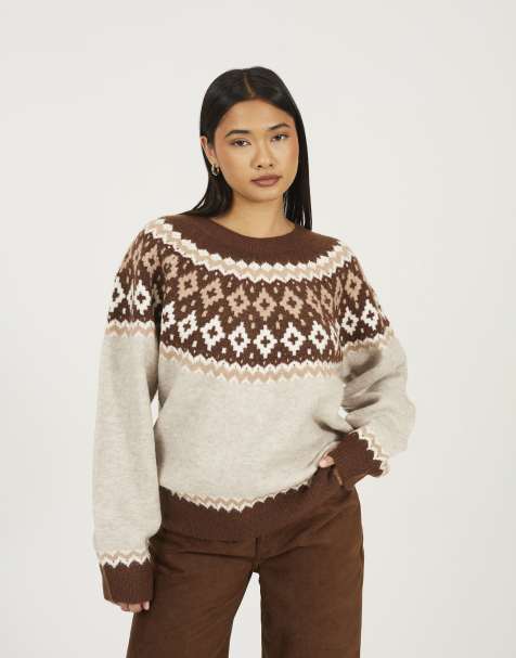 Brave Soul Crew neck fairisle jumper in taupe - view 1