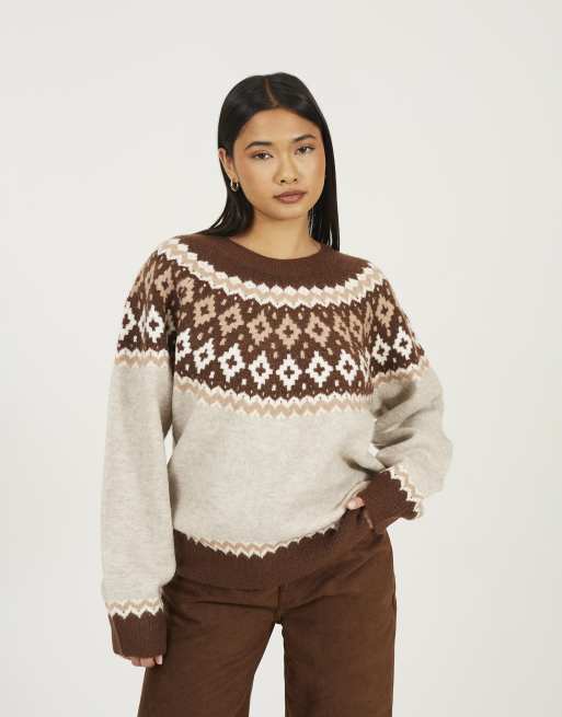 Brave Soul Crew neck fairisle jumper in taupe