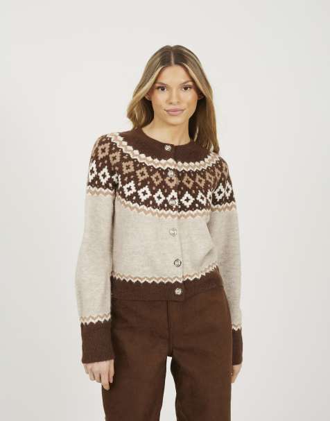 Brave Soul Crew neck fairisle knit cardigan in taupe - view 1