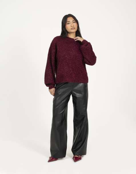 Brave Soul Crew neck fluffy tinsel knit jumper in wine - view 1