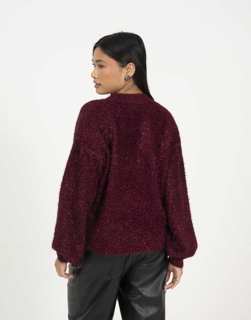 Brave Soul Crew neck fluffy tinsel knit jumper in wine, 2 of 2