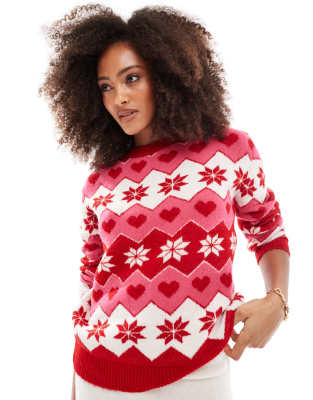 Brave Soul crew neck jumper in christmas snowflake print red