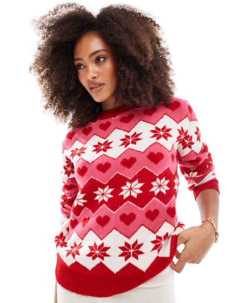 Brave Soul crew neck jumper in christmas snowflake print in red - view 1
