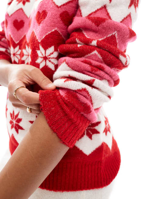 Brave Soul crew neck jumper in christmas snowflake print in red, 3 of 4