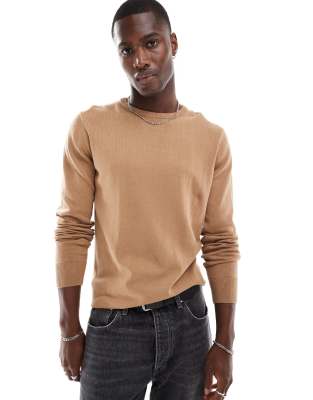 Brave Soul Brave Soul crew neck jumper in tan-Brown