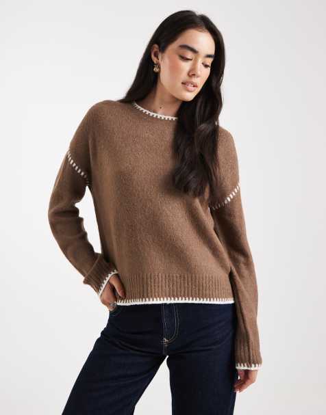Brave Soul crew neck jumper with contrast stitching in mocha