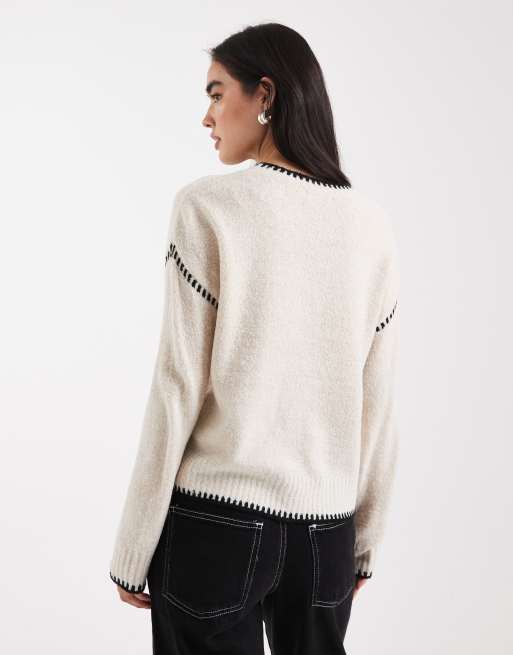 Brave Soul crew neck jumper with contrast stitching in oat, 4 of 4