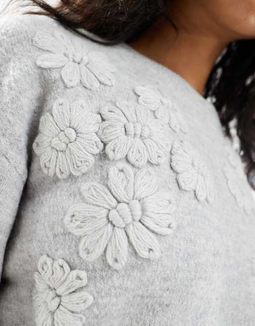 Brave Soul crew neck jumper with flower embroider detail in grey, 2 of 4