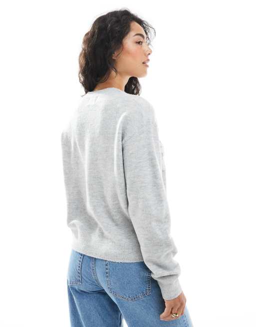 Brave Soul crew neck jumper with flower embroider detail in grey, 4 of 4