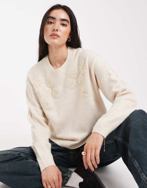 Brave Soul crew neck jumper with flower embroider detail in stone - view 1