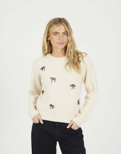 Brave Soul Crew neck jumper with jewel bow detail in cream - view 1