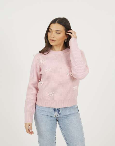 Brave Soul Crew neck jumper with jewel bow detail in pink - view 1