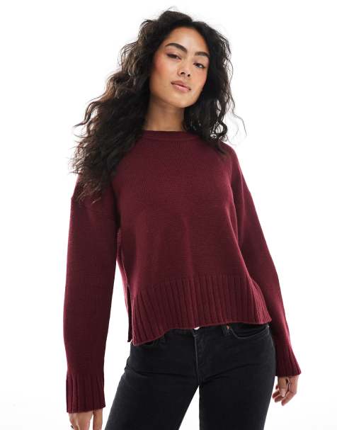 Brave Soul crew neck jumper with side split in burgundy - view 1