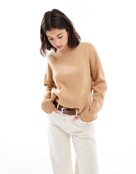 Brave Soul crew neck jumper with side split in camel