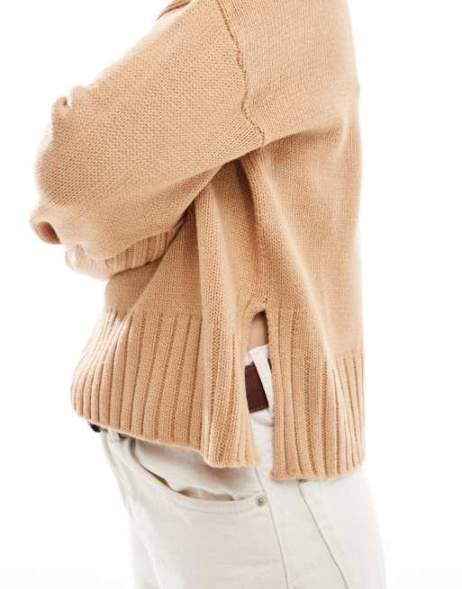 Brave Soul crew neck jumper with side split in camel, 4 of 4