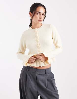 Brave Soul Crew Neck Knit Cardigan With Ruffle Cuffs And Hem In Yellow