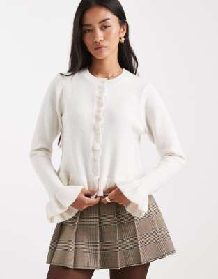 Brave Soul Crew Neck Knit Cardigan With Ruffle Cuffs And Hem In White