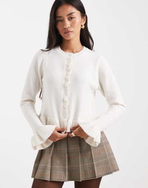 Brave Soul crew neck knit cardigan with ruffle cuffs and hem in ivory - view 1