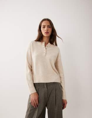 Brave Soul Crew Neck Knit Henley Sweater In Neutral