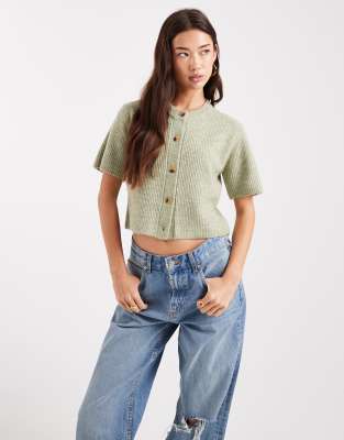 Brave Soul Crew Neck Knit Short Sleeve Cardigan In Green