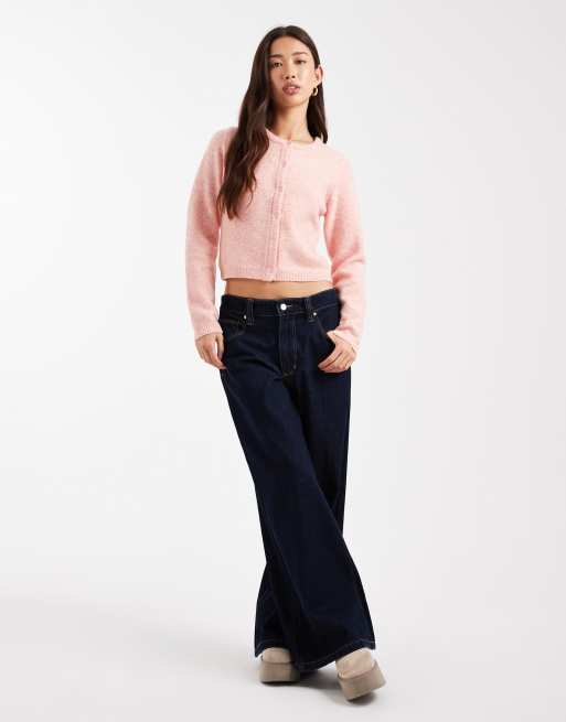 Brave Soul crew neck knit soft touch cardigan in peach, 3 of 4