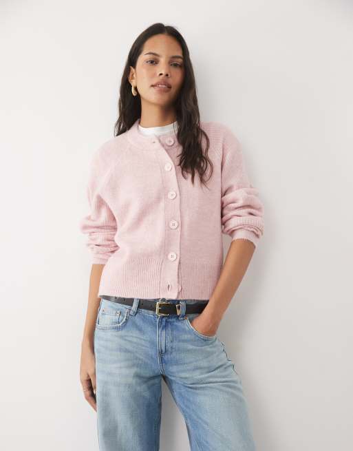 Brave Soul crew neck knitted cardigan in pink, 2 of 4
