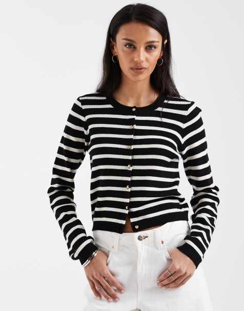Brave Soul crew neck knitted cardigan with gold buttons in black and white stripe
