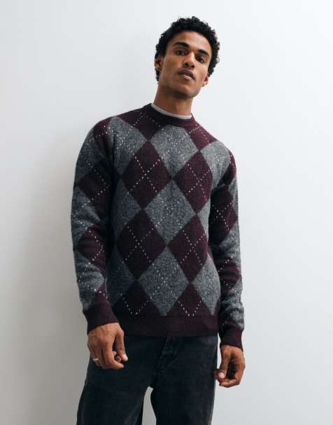 Brave Soul crew neck knitted jumper in burgundy argyle print - view 1