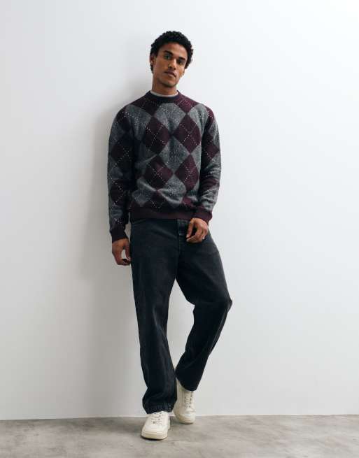 Brave Soul crew neck knitted jumper in burgundy argyle print, 2 of 9