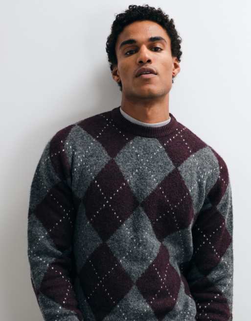Brave Soul crew neck knitted jumper in burgundy argyle print, 3 of 9