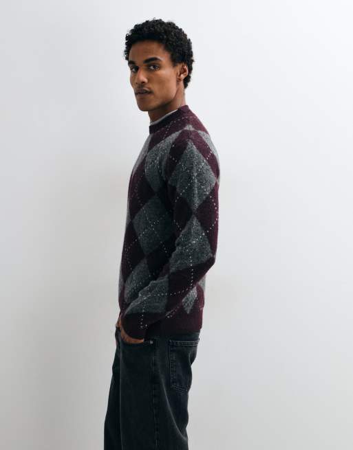 Brave Soul crew neck knitted jumper in burgundy argyle print, 4 of 9