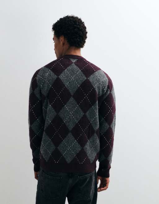 Brave Soul crew neck knitted jumper in burgundy argyle print, 5 of 9