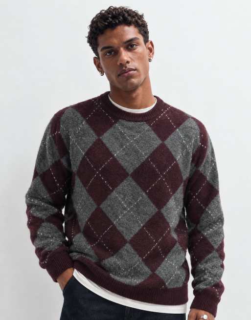 Brave Soul crew neck knitted jumper in burgundy argyle print, 6 of 9
