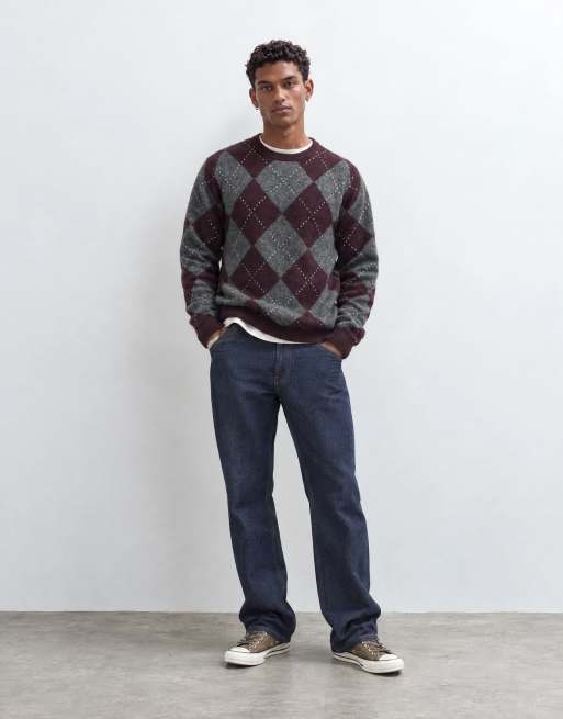 Brave Soul crew neck knitted jumper in burgundy argyle print, 7 of 9