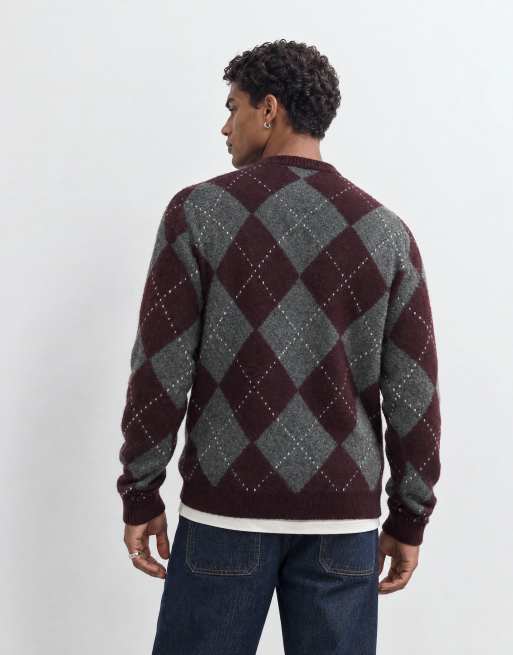 Brave Soul crew neck knitted jumper in burgundy argyle print, 8 of 9