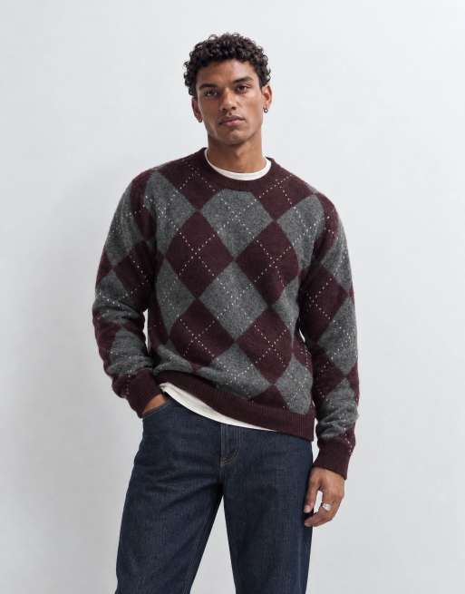 Brave Soul crew neck knitted jumper in burgundy argyle print, 9 of 9