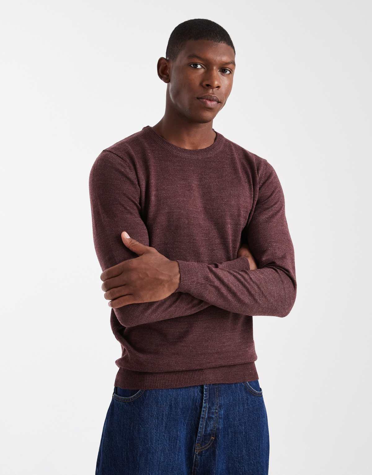 Brave Soul crew neck knitted jumper in burgundy