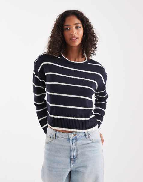 Brave Soul crew neck knitted jumper in navy and white stripe - view 1