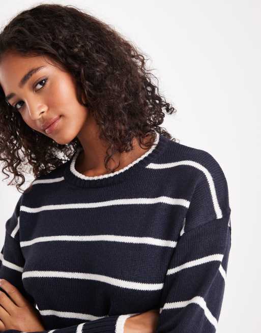 Brave Soul crew neck knitted jumper in navy and white stripe, 2 of 4