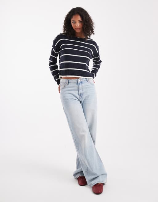 Brave Soul crew neck knitted jumper in navy and white stripe, 3 of 4