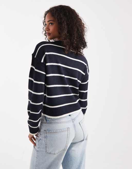 Brave Soul crew neck knitted jumper in navy and white stripe, 4 of 4