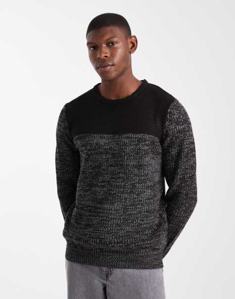 Brave Soul crew neck knitted jumper with contrast panel in black - view 1