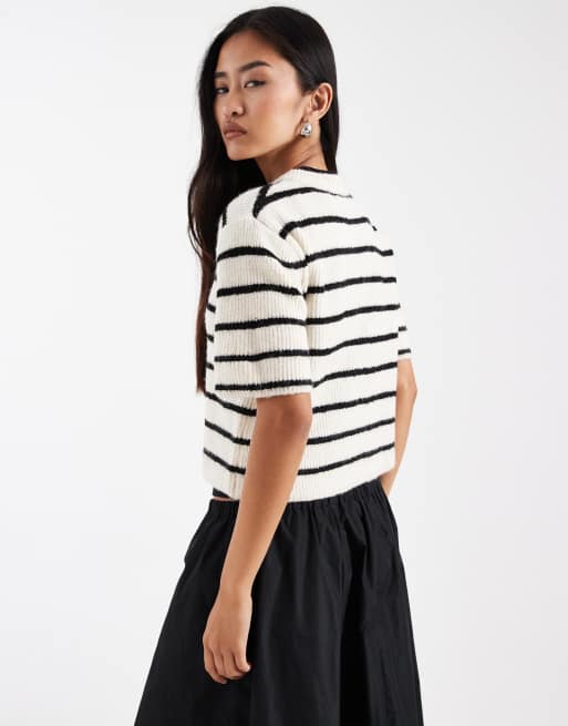 Brave Soul crew neck knitted short sleeve cardigan in black and ivory stripe, 2 of 4