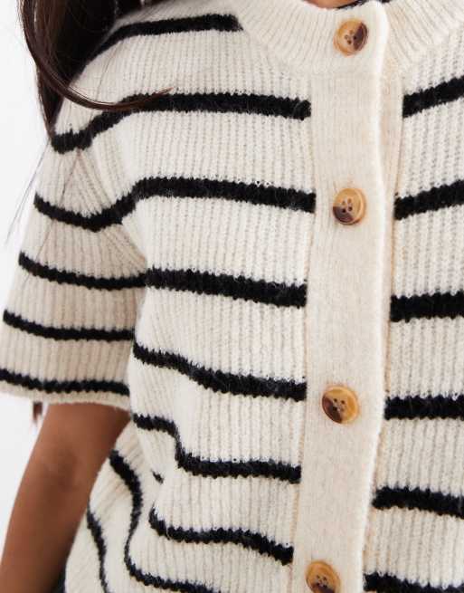 Brave Soul crew neck knitted short sleeve cardigan in black and ivory stripe, 4 of 4