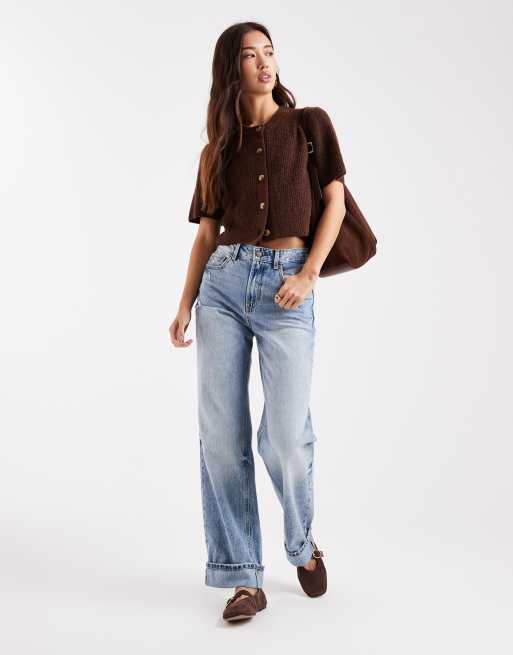 Brave Soul crew neck knitted short sleeve cardigan in chocolate brown, 2 of 4
