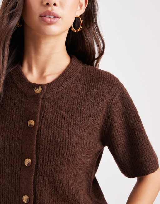 Brave Soul crew neck knitted short sleeve cardigan in chocolate brown, 3 of 4