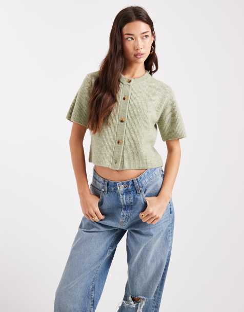 Brave Soul crew neck knitted short sleeve cardigan in sage green